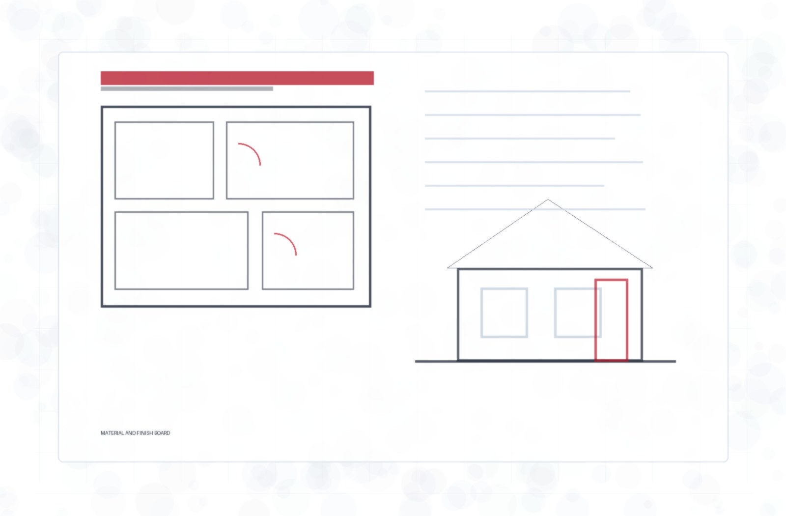ADU finish material board concept with flooring, cabinet, tile, and fixture notes