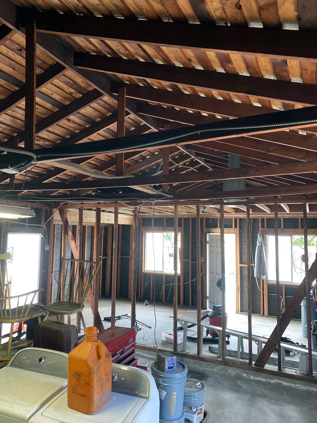 Open framing and roof structure during ADU construction